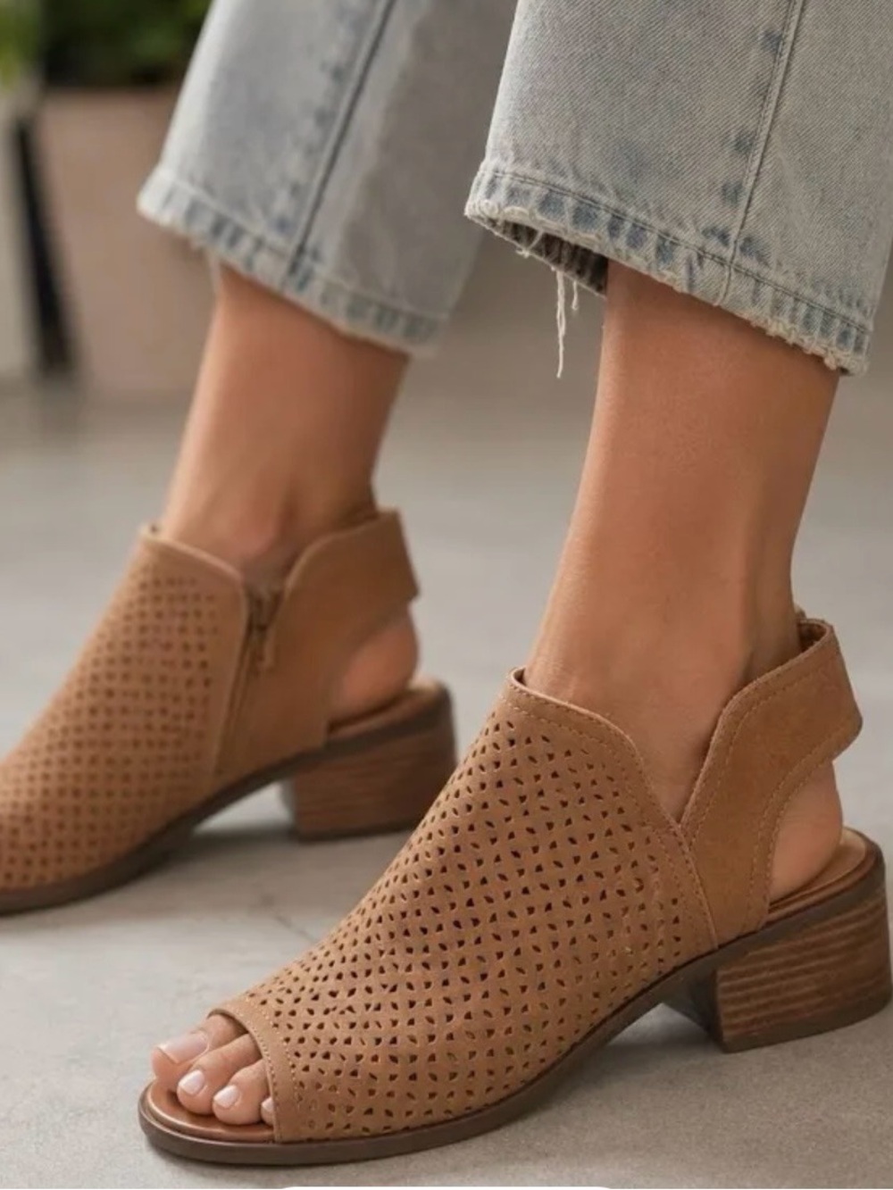 Lucky Brand Perforated Open-Toe Slingback Mule in Tan